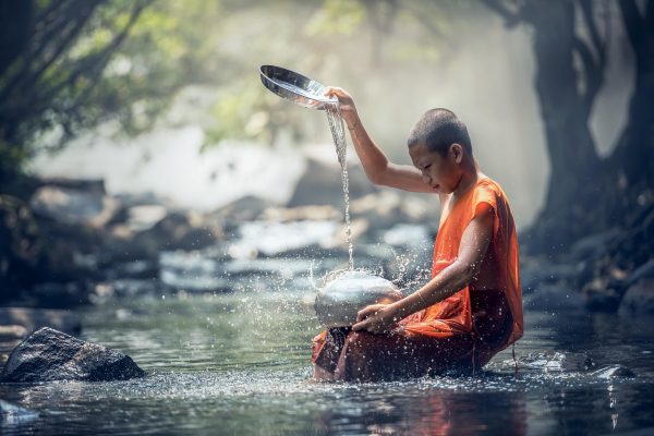 boy, monk, river, buddhist, water, ritual, buddhism, meditation, culture, oriental, religion, worship, nature, sacred, spiritual, thailand, asia